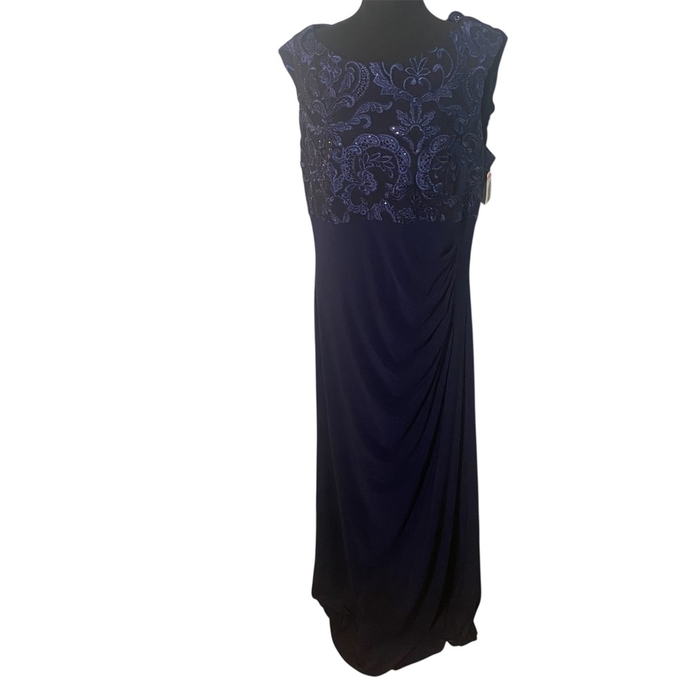 Alex Evenings Navy Blue Beaded Lace Gown Formal Evening Wedding Guest Size‎ 18
